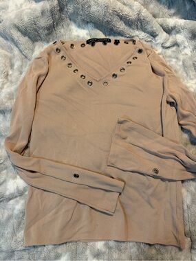 Larry Levine Vintage Grommet Neckline Flared Sleeve Long Sleeve Blouse